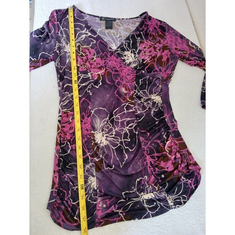 INC International Concepts Woman’s Pink Purple 3/4 Sleeve V Neck Ruched‎  L Y2K - Picture 8 of 14
